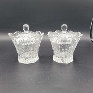 Set Of 2 Vintage Leaded Crystal Cut Glass Jelly Condiment Jars With Lids